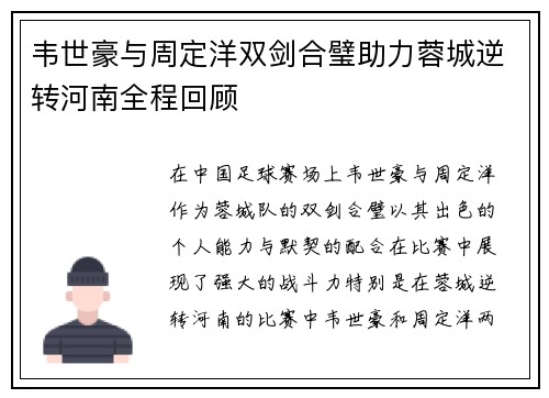 韦世豪与周定洋双剑合璧助力蓉城逆转河南全程回顾