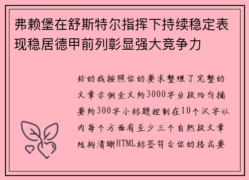 弗赖堡在舒斯特尔指挥下持续稳定表现稳居德甲前列彰显强大竞争力
